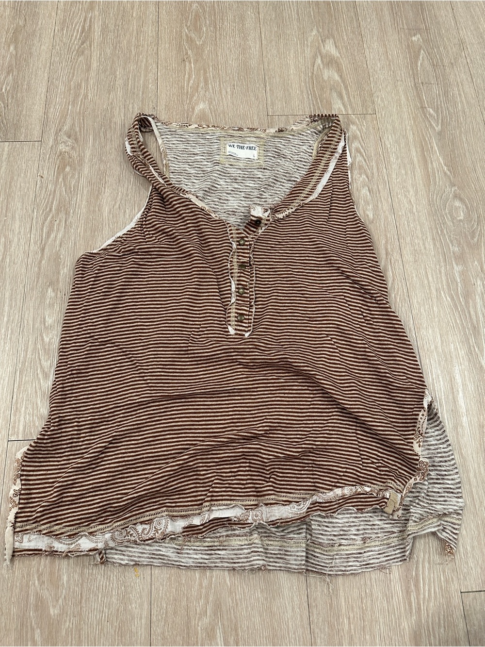 We The Free - Striped Sleeveless Henley Tunic Top - Brown & Cream Large - Picture 2 of 5